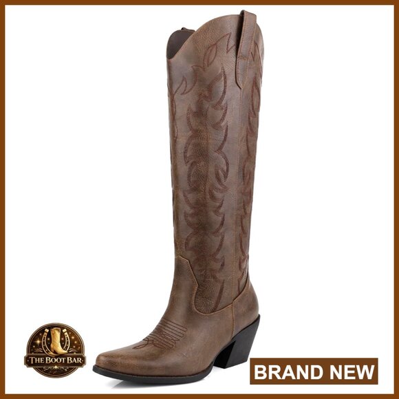 Shoes - Knee High Cowgirl Boots Wide Calf Rhinestones Pointed Toe Chunky Heel